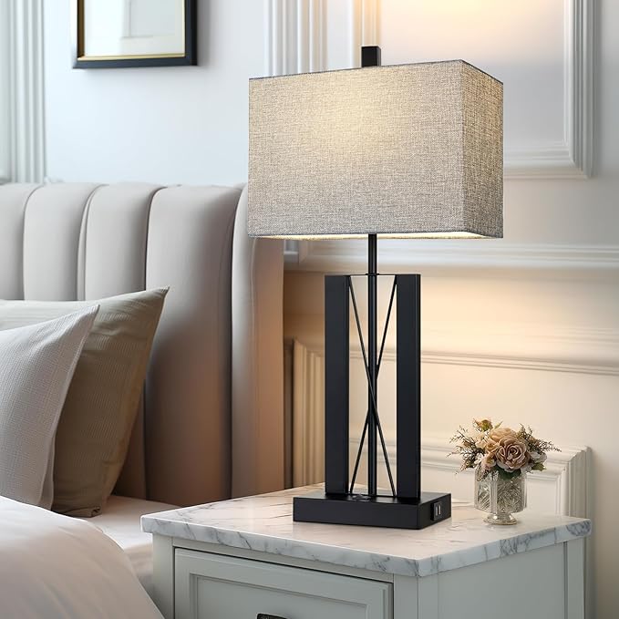 Lolikit 25" Table Lamps Set of 2, Modern Table Lamp for Living Room with 2 USB Charging Ports, Nightstand Geometric Industrial Bedside Lamp with Gray Shade for Bedrooms End Table Decor, Bulbs Included