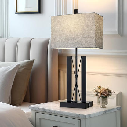 Lolikit 25" Table Lamps Set of 2, Modern Table Lamp for Living Room with 2 USB Charging Ports, Nightstand Geometric Industrial Bedside Lamp with Gray Shade for Bedrooms End Table Decor, Bulbs Included