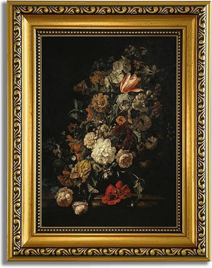 YD&YZY Gold Framed Vintage Wall Art Canvas Moody Flower Wall Decor Still Life Retro Dark Floral Aesthetic Art Painting Picture Print Artwork for Living Room Bedroom Home Decor 8x10 inch Small Framed