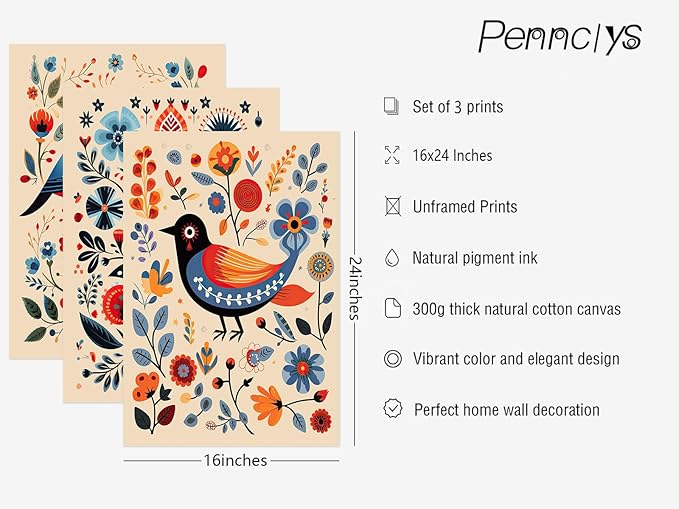 Scandinavian Folk Wall Art Nodic Flower Canvas Wall Decor Norwegian Wall Art Poster Swedish Antique Wall Decor Pictures Floral Bird Prints Vintage Poster for Home Kitchen 16x24x3 Inch Unframed