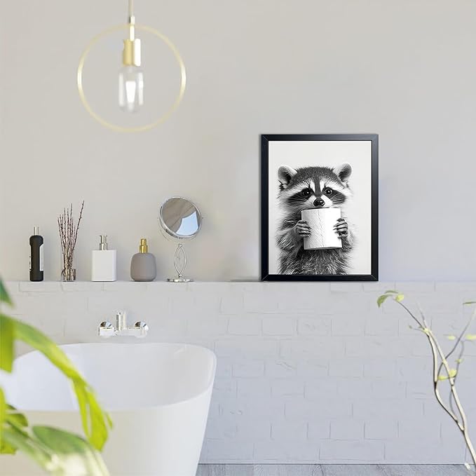 XYHYRA Bathroom Wall Art, Cute Black and White Raccoon Canvas Prints Poster, Funny Animal Decor Oil Painting, Modern Farmhouse Picture Artwork for Bathroom Toilet Wall Decor 12X16 Inch Framed