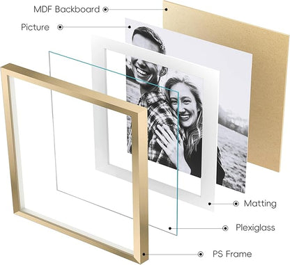 ArtbyHannah Square Picture Frame, Gold Gallery Wall Frame Set Display Pictures 8x8 inch with Mat or 12x12 inch Without Mat, Wall Hanging Photo Frame for Living Room or Staircase Decoration (9 Pack)