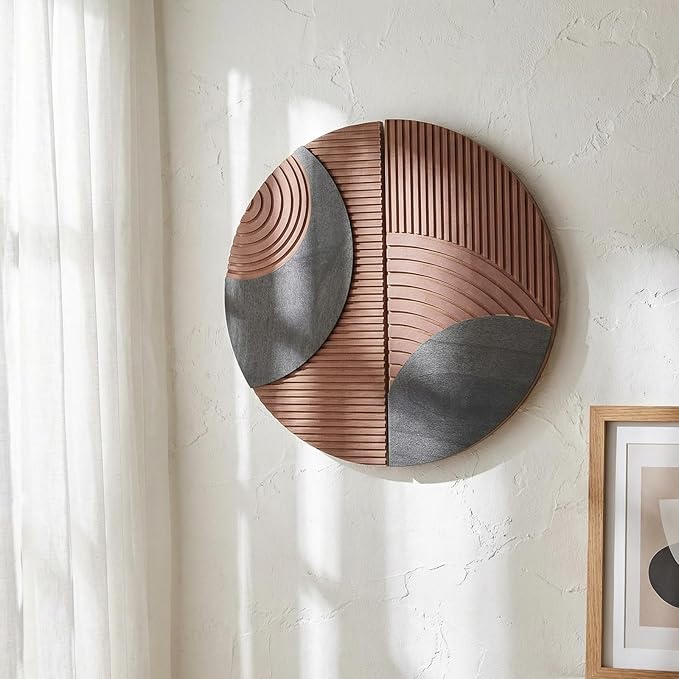 BrightRow 2 Pcs Boho Round Wall Decor Wood Mid-century Wall Art Geometric Half-circle Line Art Design Hand-carved for Farmhouse and Country Style Interior Decoration, 11.8 Inches