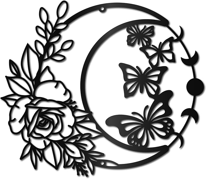 CREATCABIN Moon Rose Metal Wall Art Decor Black Butterfly Wall Hanging Decor Art Hanging Silhouette Ornament for Modern Farmhouse Rustic Home Office Garden Hotel Decoration 11.8x10.2Inch