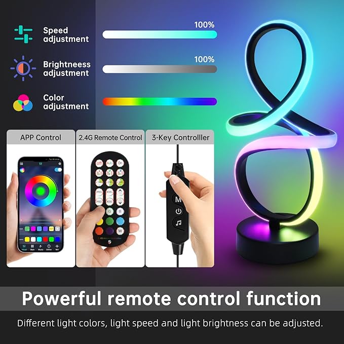 EIDISUNY Modern RGB Table Lamps, Multicolor Changing Spiral Bedside Lamp with Remote&APP, Cool Table Lamp, Dimmable LED Nightstand Lamp with Music Rhythm Modes for Bedroom, Living Room, Black(2 Pack)
