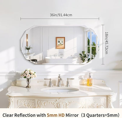 GLASHOM Beveled Edge Frameless Bathroom Mirror, Oval Wall Mirror for Over Sink, 18" x 36" Modern Decorative Vanity Mirror for Bedroom, Living Room, Entryway, Hanging Mirror Horizontal or Vertical