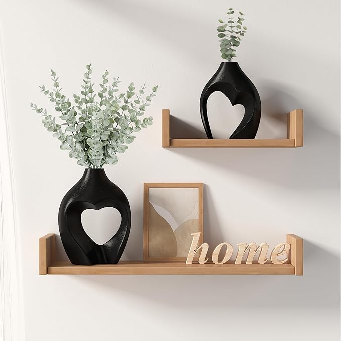 Zormon Black Vases for Decor, Heart Shaped Ceramic Vase Set of 2, Nordic Heart Shaped Vases, Minimalist Decorative Vase for Table Centerpiece Wedding Dining Living Room Office House Decoration