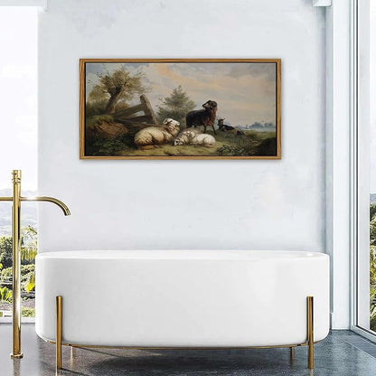 Country Landscape Framed Canvas Wall Art Vintage Sheep Prints Farm Meadow Pasture Scenery Wall Decor Retro Country Animal Trees Painting Countryside Artwork for Bathroom Nursery Home Decoration 24x48