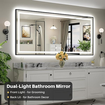 84x40 Inch LED Bathroom Mirror with Black Frame, Backlit & Front Lit, Anti-Fog Lighted Bathroom Vanity Mirror for Wall, Memory Function, Dimmable, HD Tempered Glass, Shatter-Proof