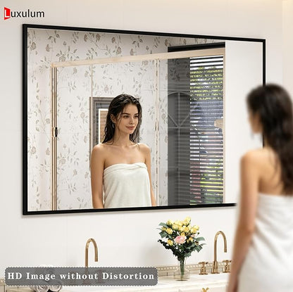 60" x 40" Matte Black Bathroom Mirror for Wall, Rectangular Beveled Vanity Mirror with Aluminum Alloy Frame, Right Angle Corner, HD Reflection, Horizontal or Vertical Mount