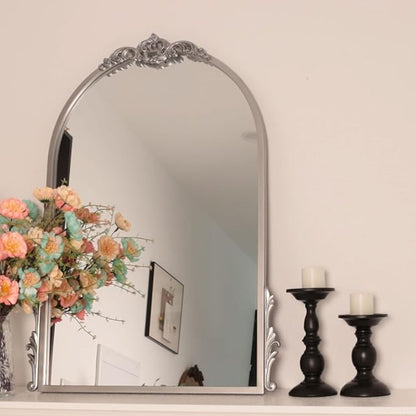 26''x20'' Antique Silver Arched Wall Mirror with Metal Flower Carving Frame, Small Vintage Retro Baroque Mirror Ornate, Vanity Mirror for Bathroom, Fireplace, Entryway, Living Room