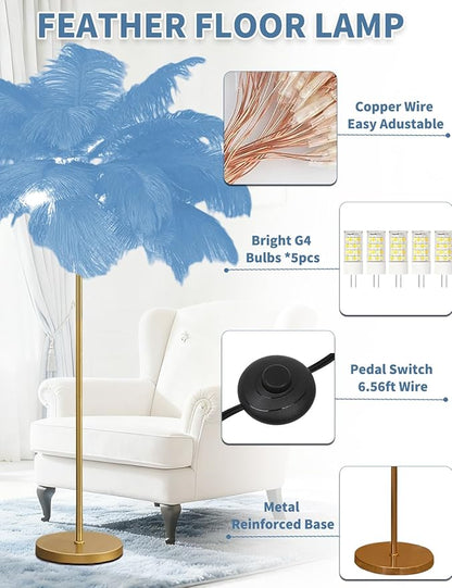 Feather Floor Lamp,Fluffy Ostrich Feather Floor Lamp for Bedroom,3 Color Temperatures Led Corner Modern Floor Lamps for Living Room Christmas Home Decor House Warming Gifts,63″ Height (Light Blue)