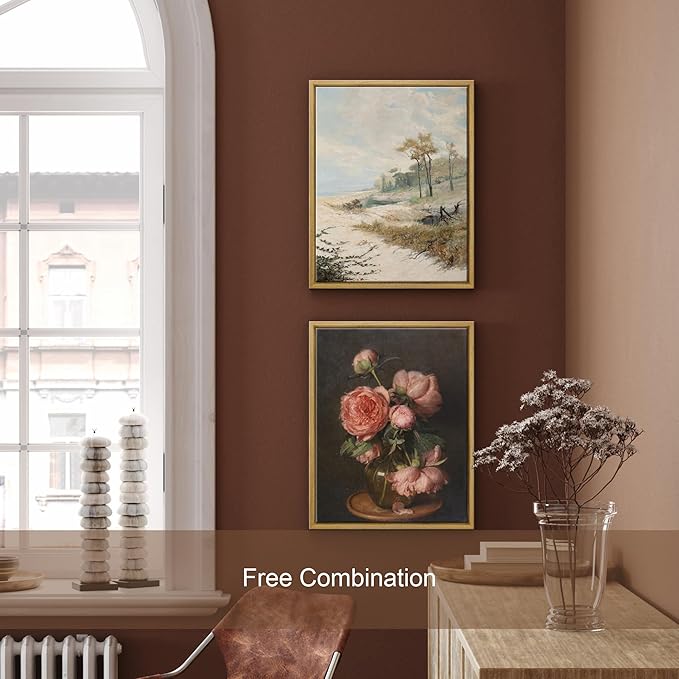 Pyradecor Vintage Home Decor Framed Canvas Wall Art Pfingstrosen Classical Floral Painting Artwork for Living Room Bedroom Farmhouse Decorations