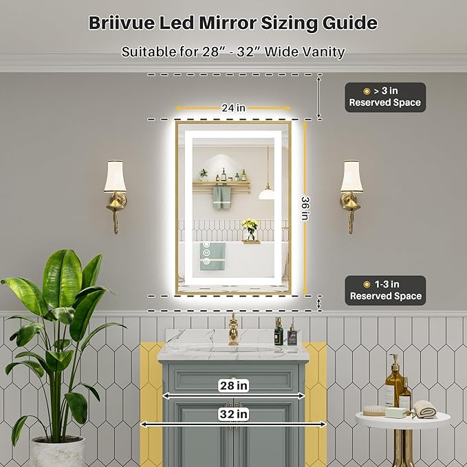 24x36 Inch LED Bathroom Mirror with Gold Frame, Backlit & Front Lit, Anti-Fog Lighted Bathroom Vanity Mirror for Wall, Memory Function, Dimmable, HD Tempered Glass, Shatter-Proof