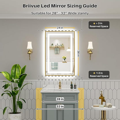 24x36 Inch LED Bathroom Mirror with Gold Frame, Backlit & Front Lit, Anti-Fog Lighted Bathroom Vanity Mirror for Wall, Memory Function, Dimmable, HD Tempered Glass, Shatter-Proof