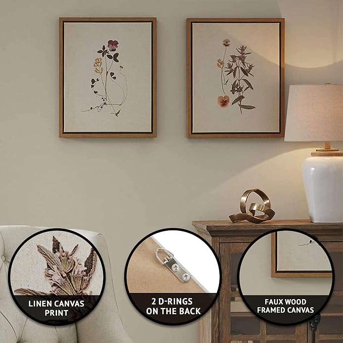 Madison Park French Herbarium Wall Art Living Room Decor - Floral Framed Linen Canvas, Home Accent Country Bathroom Decoration, Ready to Hang Painting for Bedroom, 17.84" X 21.84", Multi