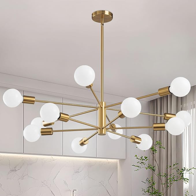 RUIYEY Modern Sputnik Chandeliers Light, 12-Light Gold Gold Dining Room Chandelier Over Table, Height Adjustable Industrial Semi Flush Mount Mid Century Chandelier for Kitchen Island Living Room