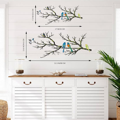 ESTART Metal Birds Wall Art, Metal Vivid Birds on Branch Silhouette Wall Decor Black Leaves with Bird Outdoor Hanging Wall Sculpture for Home Balcony Garden (Bright Color, Small)