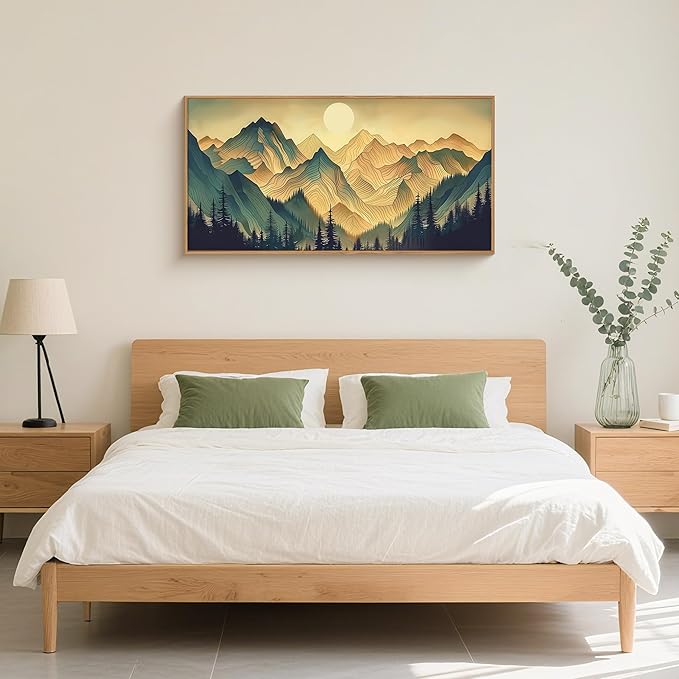 Mountains Forests Framed Canvas Wall Art Set,Abstract Sun Woodland Painting,Boho Scenery Sun Wall Decor,Natural Woodgrain Art Print for Living Room,Bedroom,Dining Room,Office - 20"x40"