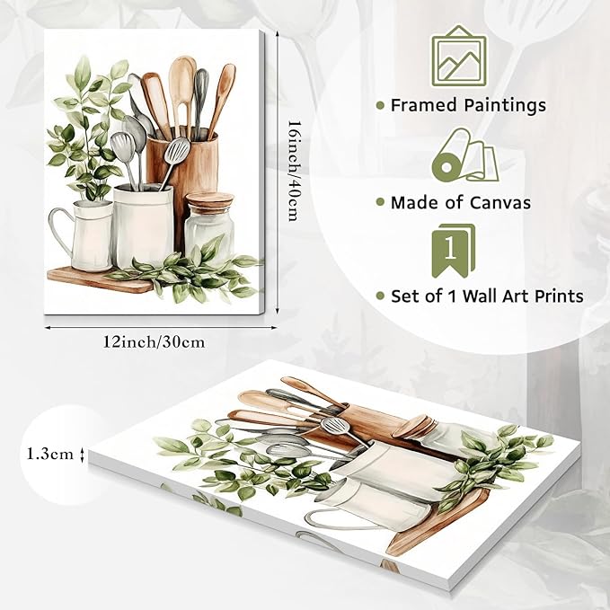Dazzlewall Framed Watercolor Botanical Kitchen Wall Art Decor,Sage Green Eucalyptus Leaves and Kitchenware Wall Poster For Kitchen Dining Room Decor 12x16 in