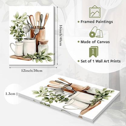 Dazzlewall Framed Watercolor Botanical Kitchen Wall Art Decor,Sage Green Eucalyptus Leaves and Kitchenware Wall Poster For Kitchen Dining Room Decor 12x16 in
