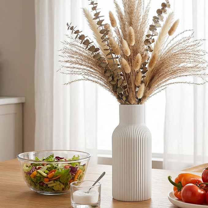 White Tall Ceramic Vase, Modern Matte Vertical Ribbed, Nordic Minimalist for Pampas, Dried & Fresh Flowers, Home Decor for Living Room, Coffee Table, Bookshelf, Entryway, Farmhouse