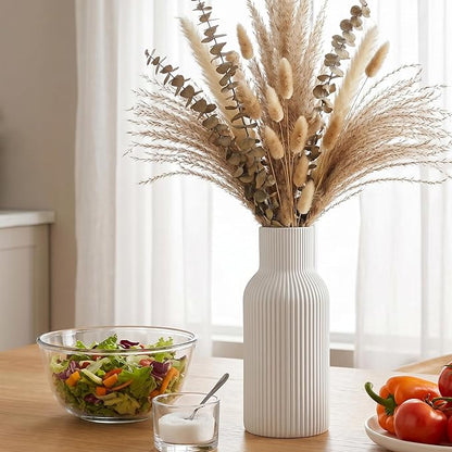 White Tall Ceramic Vase, Modern Matte Vertical Ribbed, Nordic Minimalist for Pampas, Dried & Fresh Flowers, Home Decor for Living Room, Coffee Table, Bookshelf, Entryway, Farmhouse