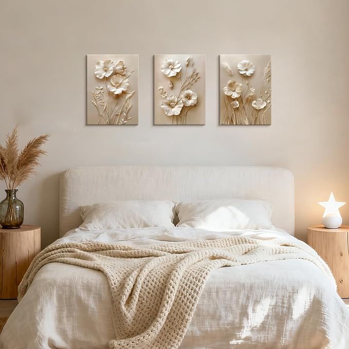 WENGTIAO 3Pcs Beige Flower Canvas Wall Art Prints Neutral Floral Plant Wall Painting Minimalist Botanical Blossom Poster Picture Vintage Artwork Home Decor for Living Room Bedroom Office 20”x28”x3Pcs