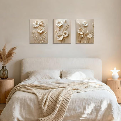 WENGTIAO 3Pcs Beige Flower Canvas Wall Art Prints Neutral Floral Plant Wall Painting Minimalist Botanical Blossom Poster Picture Vintage Artwork Home Decor for Living Room Bedroom Office 20”x28”x3Pcs