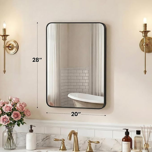 OLIXIS Bathroom Mirror for Over Sink, 28x20 Inch Wall Mount Mirror with Rounded Rectangle and Matte Metal Framed, Modern Wall Vanity Mirror for Home Decor, Living Room, Bedroom, Black
