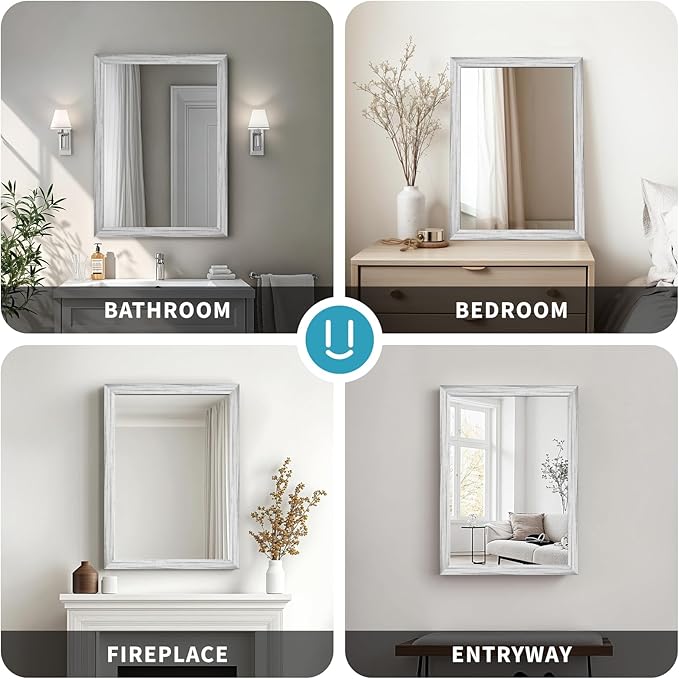White Wood Effect Framed Wall Mirror, 16x20 Rectangle Mirror, Anti-desilvering Tempered Glass, Sustainable& Sturdy Frame, Farmhouse Mirror, Anti-Rust, 3min Fast Setup for Bathroom Living Room