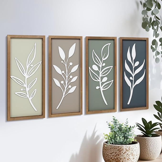3D Tree Leaf Wooden Framed Boho Wall Art (Set of 4) Lightweight, Minimalist Botanical Farmhouse Bathroom Wall Decor For Living Room Bedroom Kitchen Office Hallway Decorations