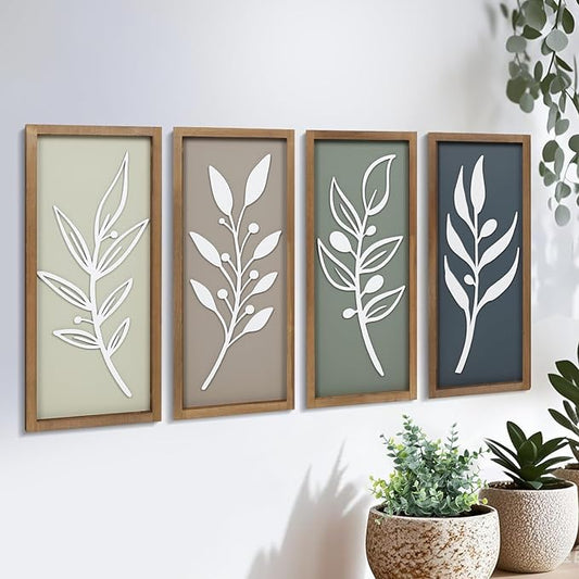 3D Tree Leaf Wooden Framed Boho Wall Art (Set of 4) Lightweight, Minimalist Botanical Farmhouse Bathroom Wall Decor For Living Room Bedroom Kitchen Office Hallway Decorations