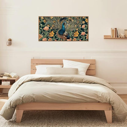 HLNIUC Boho Peacock Flower Framed Canvas Wall Art,Vintage Green Gold Floral Horizontal Wall Decor,Retro Animal Feather Artwork(40x20),Large Modern Botanical Prints for Living Room,Bedroom,Office