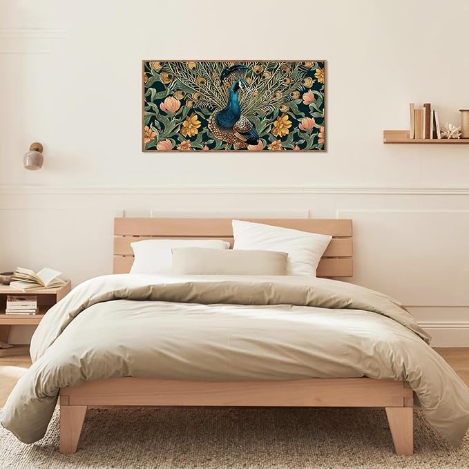 HLNIUC Boho Peacock Framed Canvas Wall Art,Vintage Animal Feather Wall Decor,Large Green Gold Botanical Floral Artwork Set of 3(24x36),Modern Nature Blossom Prints for Living Room,Bedroom,Office