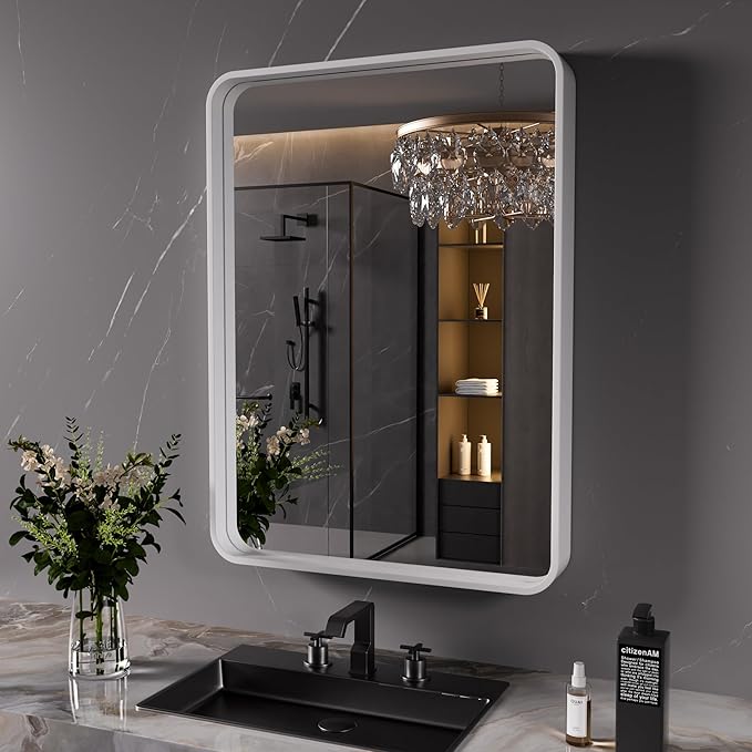 JISOSO White Bathroom Mirror 24x36 Inch, White Metal Framed Bathroom Mirror for Wall, Rounded Rectangle Matte Bathroom Vanity Mirror, Tempered Glass, Anti-Rust, Horizontal/Vertical
