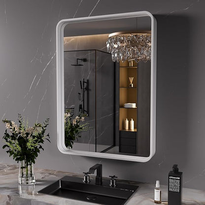 JISOSO White Bathroom Mirror 24x36 Inch, White Metal Framed Bathroom Mirror for Wall, Rounded Rectangle Matte Bathroom Vanity Mirror, Tempered Glass, Anti-Rust, Horizontal/Vertical
