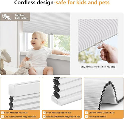 LazBlinds Cordless Cellular Shades, Blackout Privacy Honeycomb Shades for Home, Thermal Insulation Noise Reduction Blinds for Windows, 42'' W x 64'' H, White