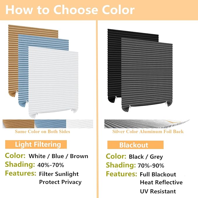 Window Blinds Cordless No Drill Cut to Size Clip On Stick On Self Adhesive Temporary Blinds Pleated Paper Blinds for Windows Doors Shades for Home Nursery Bedroom Kitchen Bathroom