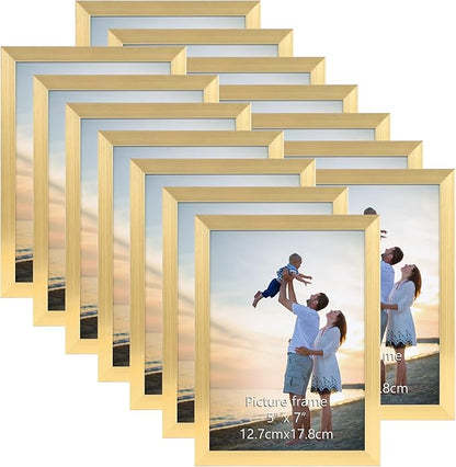 Hoikwo 14 Packs 5x7 Gold Multi Plastic Picture Frames Set with Plastic Cover for Family Photos, Artwork, Light Weight Bulk 5 by 7 Frames Packs for Wall Hanging and Table, Stylish Picture Frames