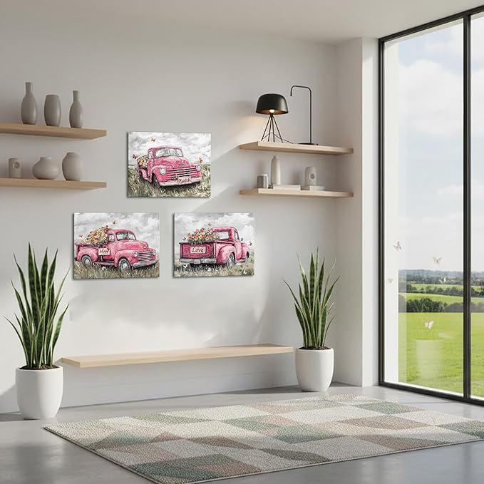 sechars Truck Wall Art Canvas Vintage Farmhouse Decor Faith Hope Love Floral Painting Prints (Pink)