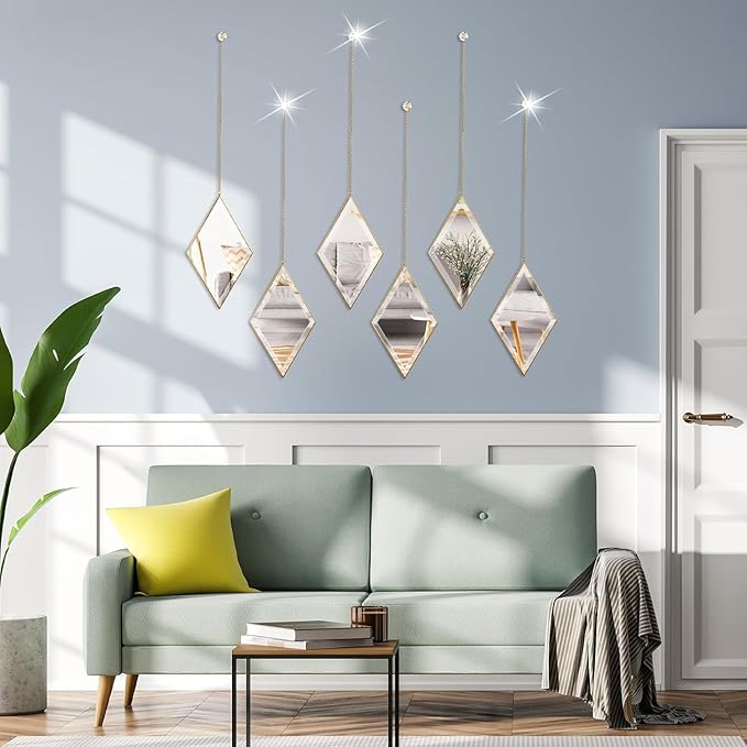 yshengood Diamond Wall Mirror Set of 6 Pcs, Gold Wall Decor Mirrors Small Glass Decor Wall Mirrors for Living Room and Bedroom Decoration