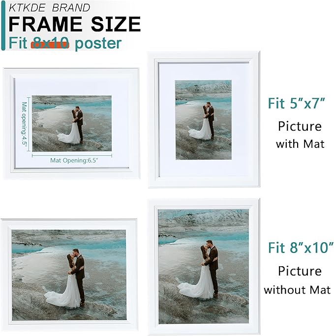 KTKDE 8x10 Picture Frame Real Glass, Display Pictures 5x7 with Mat or 8x10 Without Mat, Modern Style Wood Composite Frame,White Gallery Wall Frame & Table Top Display，best gift