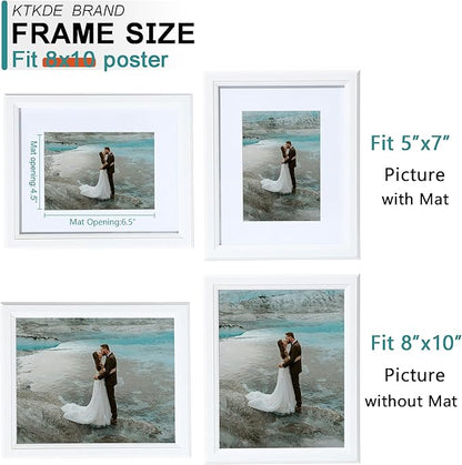 KTKDE 8x10 Picture Frame Real Glass, Display Pictures 5x7 with Mat or 8x10 Without Mat, Modern Style Wood Composite Frame,White Gallery Wall Frame & Table Top Display，best gift