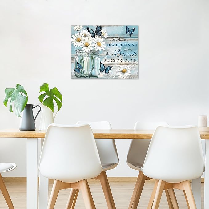 LB Farmhouse Daisy Butterfly Wall Art Rustic Floral and Inspirational Positive Saying Canvas Art Vintage Flower Wall Decor for Bedroom Living Room Bathroom Framed Ready to Hang 12L x 16W