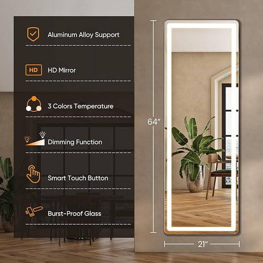 Full Length Mirror with Stand 21"×64", Upgraded Full Body Mirrors with LED Light 3 Color Lighting, Floor Standing, Hanging or Leaning Modern Simple Home Wall Decor, White