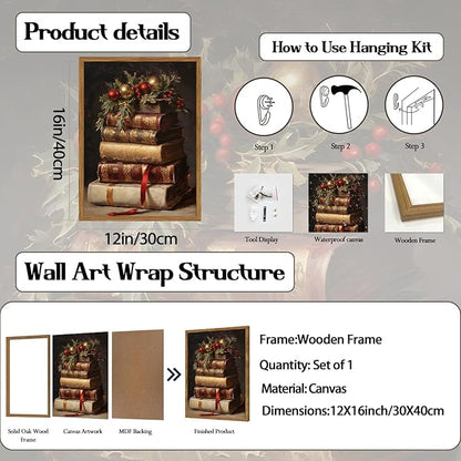 Framed Vintage Christmas Canvas Wall Art, Rustic Xmas Book Artwork Wall Decor Paintings, Retro Winter Holiday Pictures Prints Dark Academia Home Decor for Living Room Bedroom Libiary 12×16 inch