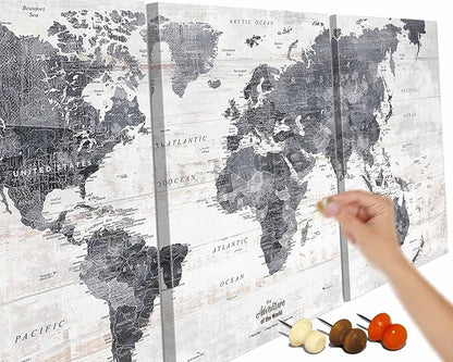 Wall Decor Living Room Office Wall Art Modern Gray Framed World Map Pin Board Travel Maps Inspirational Canvas Artwork for Bedroom Dining Room Kitchen Oversized
