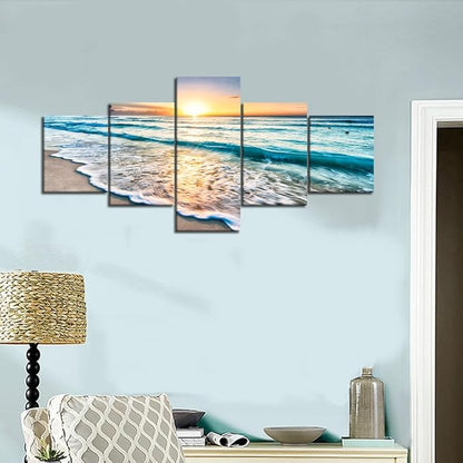 Beach Wave Ocean Painting on Canvas 5 Piece Wall Art Modern Landscape Scenery Posters and Prints Pictures for Living Room Bedroom Gallery-wrapped Canvas Art Set Framed (50''W x 24''H)
