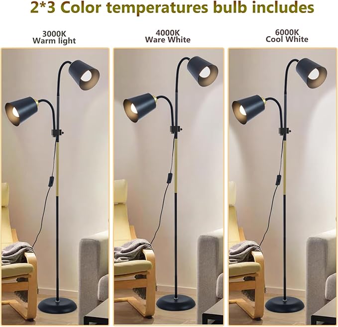 Floor Reading Lamp, Industrial Metal Floor Lamps for Living Room with Adjustable Bendable, 2 in 1 Reading Table Lamps for Living Room Bedroom Office, 12W Bulbs Included (White-2 Heads)